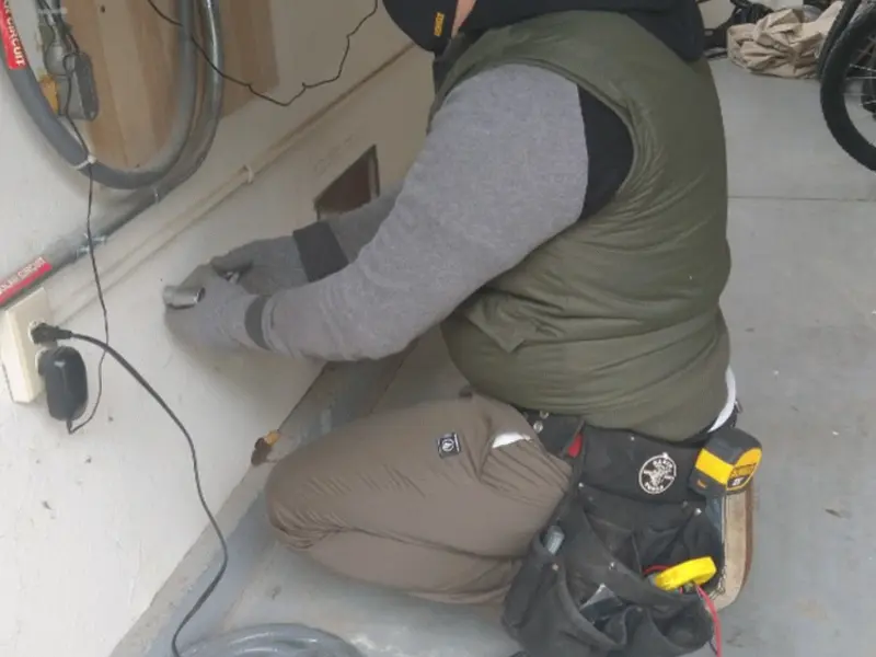 Electrician performing outlet wiring in a Hubbard garage